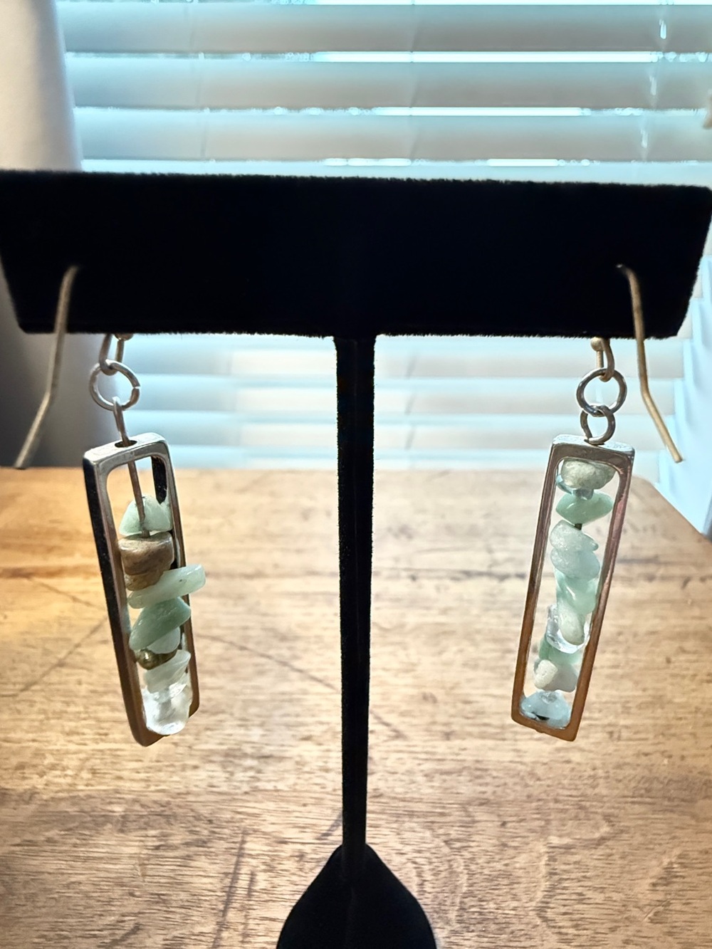 Boho Silver Rectangular Frame Dangle Earrings with Natural Gemstone Chips - Picture 2 of 3